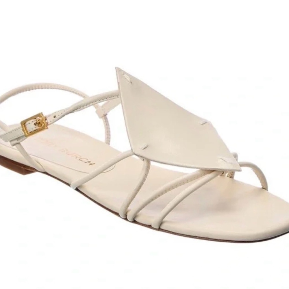 Tory Burch Cream Leather Strappy Flat Sandal with Gold Buckle size 7